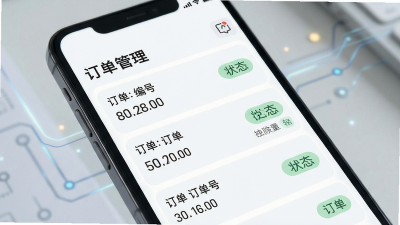 展示手机屏幕上的订单管理界面,主体为列表式布局,排版整齐,风格为极简科技感,细节显示订单编号与状态标签,画质清晰,干净,文字标注