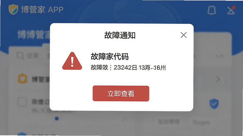 主体为博管家APP的故障通知弹窗界面,布局为居中模态框,排版警示但不刺眼,风格安全科技风,细节包含红色警示图标、故障代码文字说明、立即查看按钮,画质高清,界面整洁,无其他UI元素干扰