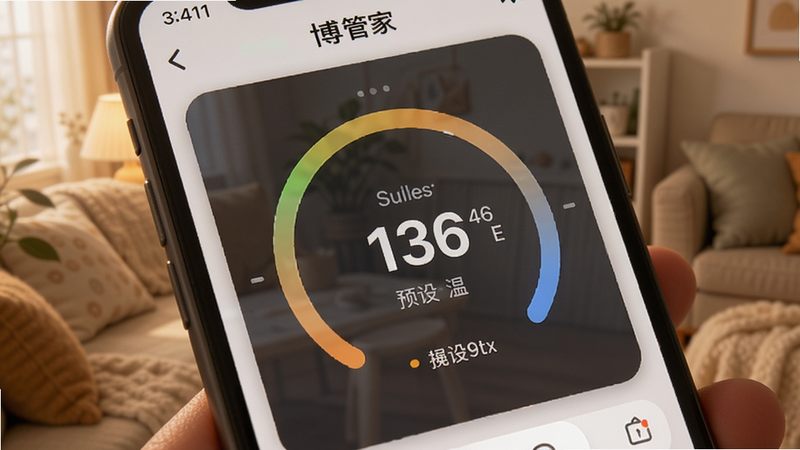 主体为手机屏幕特写,显示博管家APP中的温度调节界面,布局为中央大圆环温度控制器,排版简洁,风格温馨家居风,细节显示当前温度数值与预设温度对比,画质清晰,光线柔和,无杂乱背景