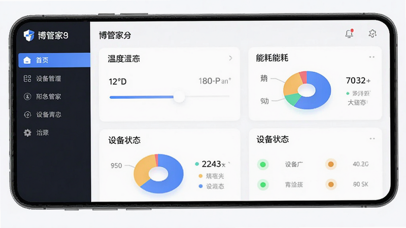 主体为博管家APP的全屏界面展示,布局采用左侧导航栏与右侧功能卡片式排版,风格现代简约科技感,细节包含清晰的温度调节滑块、能耗饼图、设备状态指示灯,画质高清干净,无多余装饰元素