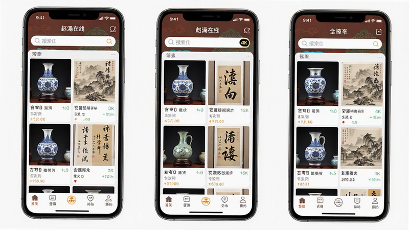 一张高清手机应用界面全景图,主体为“赵涌在线”APP首页,布局清晰,顶部显示搜索栏,中部展示精美的古玩瓷器与字画网格列表,底部为导航栏,整体风格为典雅中式色调,细节丰富,画质4k,干净无多余元素
