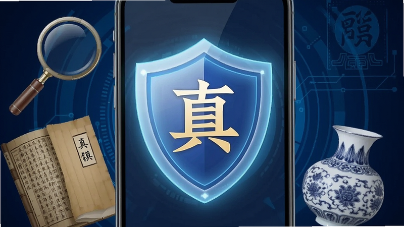 一张概念图,展示手机屏幕中一个发光的盾牌图标,盾牌中心写着“真”字,周围环绕着放大镜、古籍和瓷器元素,背景为深蓝色科技感与传统文化融合的风格,象征安全与鉴定,画面清晰,无杂乱背景