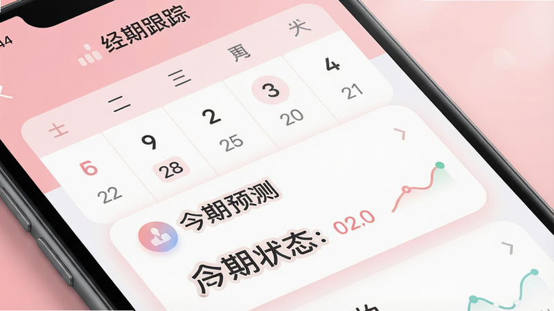 一张高清的手机屏幕特写图,主体为“经期跟踪”APP界面,背景为柔和的粉色渐变,界面上显示着日历视图和清晰的“今日状态”卡片,排版整洁现代,字体圆润易读,细节处有细微的光影效果,画质4k,干净无多余元素,风格清新治愈,文字包含