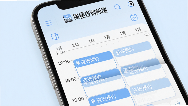 �ֻ�����Ӧ�ý��棬��ʾһ�ܵ��ճ̰��ţ����ж��ʱ��α����Ϊ����ѯԤԼ�������涥���С���¥��ѯʦ�ˡ���Logo������Ϊ����ɫ��ͼ����Ƽ�࣬ʱ��������������UI���ͼ��