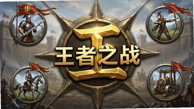 主体为《王者之战》游戏主界面,布局采用中心辐射式,中央是巨大的金色“王”字图腾,周围环绕着四个方向的兵种图标(步兵、骑兵、弓兵、攻城器械)。排版简洁大气,风格为写实史诗风,细节处展现金属质感与战旗飘扬,画质4k高清,干净无多余元素,文字“王者之战”居中醒目。