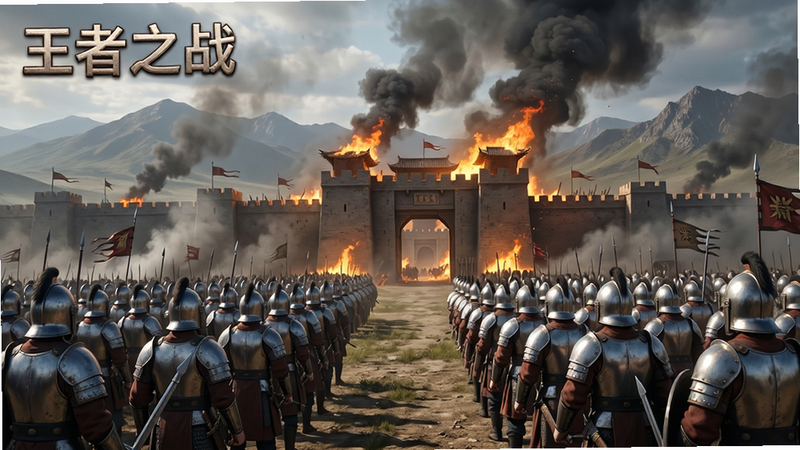 主体为《王者之战》战场全景,布局为广角透视,前景是士兵方阵,中景是燃烧的城门,背景是连绵山脉。排版遵循近大远小原则,风格为写实战争风,细节展示士兵盔甲反光与烟雾缭绕,画质极致清晰,无多余UI遮挡,文字“王者之战”位于左上角。