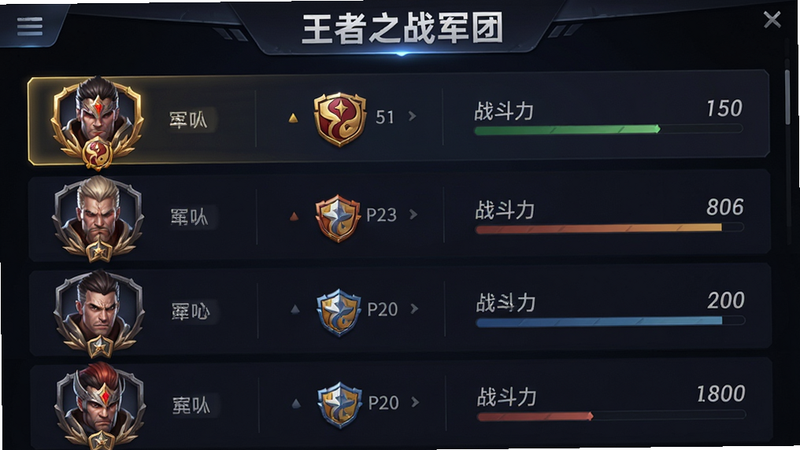 主体为《王者之战》军团界面,布局为列表式,左侧显示军团成员头像,右侧显示军团等级与战斗力。排版整齐有序,风格为现代UI设计,细节处体现徽章光泽与等级标识,画质清晰,无多余背景干扰,文字“王者之战军团”清晰可见。