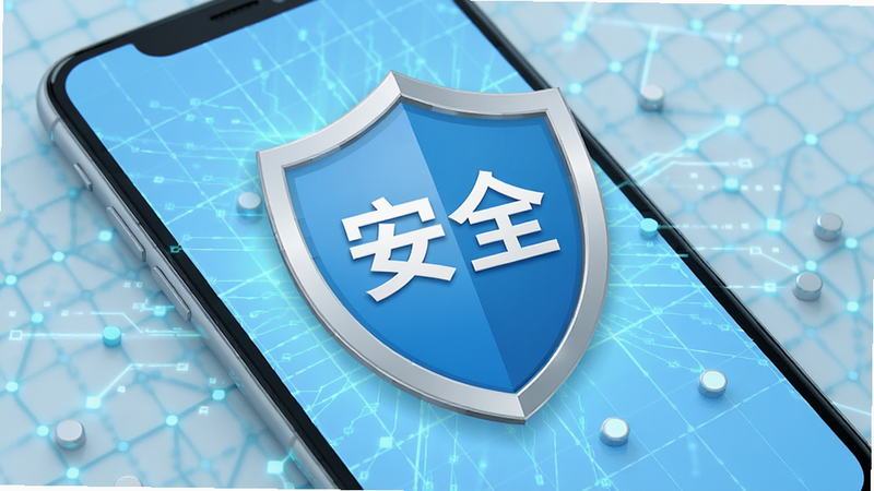 一张盾牌图标叠加在手机屏幕上的概念图,盾牌中央写着“安全”二字,背景为淡蓝色的科技网格,象征数据保护,画面干净,色彩统一,专业感强,无多余装饰,8k画质