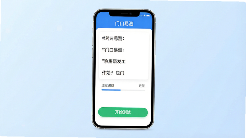 一张展示“门口易测”手机应用界面的高清概念图,主体为竖屏智能手机,屏幕中央显示简洁的白色卡片式界面,顶部有蓝色标题栏写着“门口易测”,中间是清晰的题目列表和进度条,底部有醒目的绿色“开始测试”按钮,背景为柔和的浅蓝色渐变,风格现代简约,细节清晰,无多余元素,8k分辨率,干净