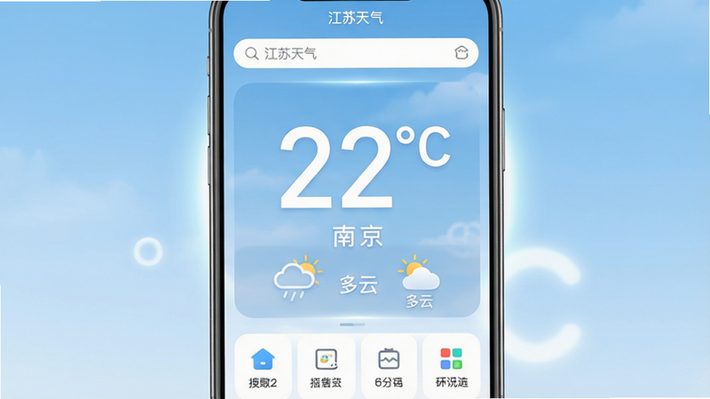 画面主体为江苏天气APP首页界面,背景为淡蓝色渐变天空,中央显示巨大的白色数字温度“22℃”,下方有“南京”地名及“多云”图标。布局上,顶部为搜索栏,中部为核心气象卡片,底部为功能网格。排版清晰简洁,风格清新现代,细节处有轻微的光晕效果,画质高清,干净,无多余元素,文字清晰可见,包含“江苏天气”字样