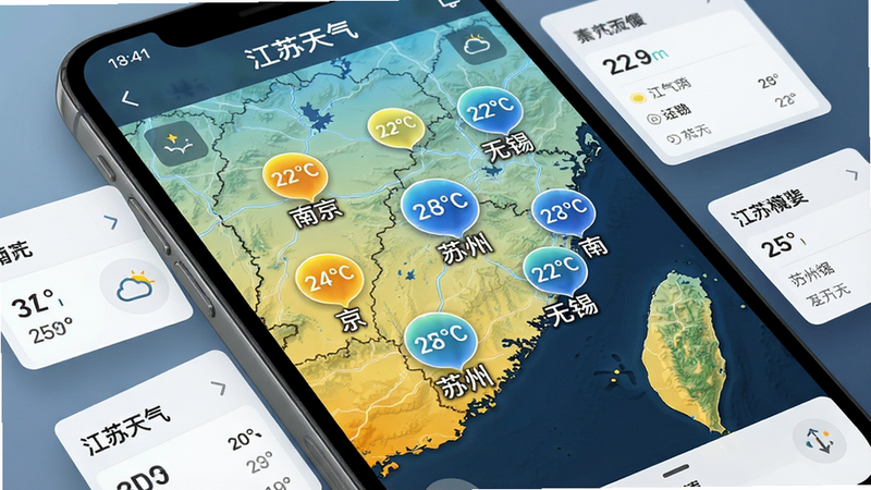 手机屏幕特写,显示江苏天气APP地图模式,地图上标注着南京、苏州、无锡等多个城市的气温气泡,颜色从暖黄到冷蓝渐变,代表不同温度。布局以地图为中心,周边悬浮着数据卡片。风格科技感强,细节丰富,地图纹理清晰,画质锐利,干净,无多余元素,文字包含“江苏天气”及城市名