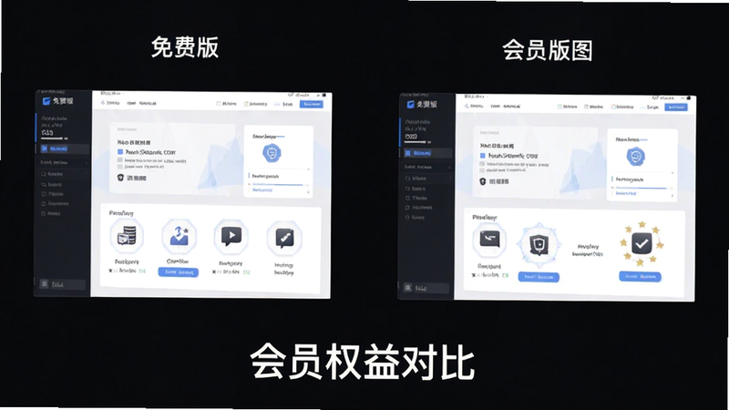 主体为对比图,左侧为免费版界面,右侧为会员版界面,布局左右对称,排版清晰,风格商务简约,细节展示会员专属图标,画质清晰,干净,无多余元素,文字引用