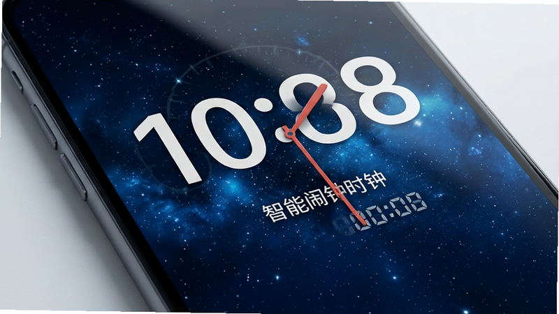 主体为智能手机屏幕,屏幕中央显示巨大的数字时钟界面,背景为深蓝色星空纹理,布局简洁居中,排版清晰,风格现代极简,细节包含秒针动态效果和柔和的光影反射,画质高清,干净,无多余元素,文字引用