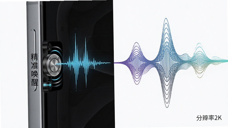 主体为手机侧边特写,显示震动波形图示,布局左右分割,左侧为手机实物,右侧为抽象声波线条,排版流畅,风格科技感,细节展示震动马达工作示意,画质清晰,干净,无多余元素,文字引用