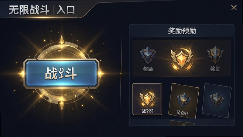 ����Ϊ��Ϸ�ڡ�����ս����ģʽ��ڽ��棬���������ʾս����ť���Ҳ���ʾ����Ԥ�����Ű���գ����Ϊ�ִ�UI��ƣ�ϸ�ڰ�����ɫ��Чװ�Σ����ʸ��壬�ɾ����޶���Ԫ��