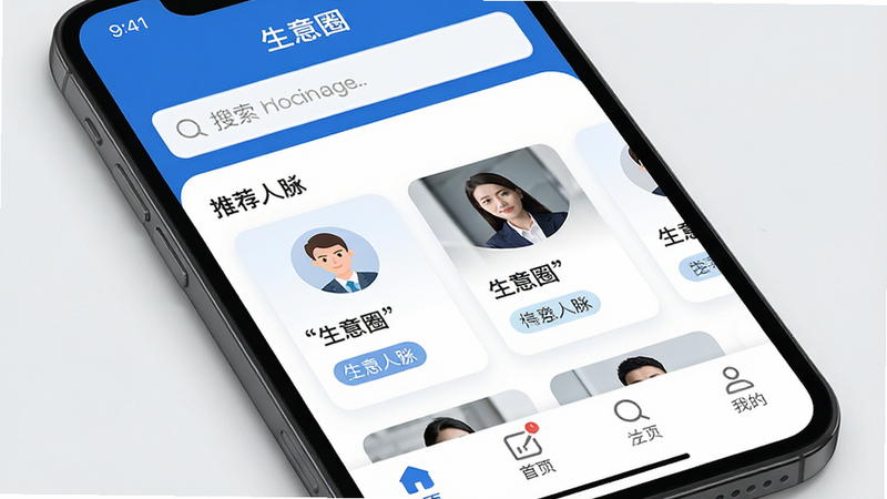 主体为手机屏幕界面,显示“生意圈”APP主页,布局清晰,顶部搜索栏,中部为推荐人脉卡片,底部导航栏,风格简约商务蓝白配色,细节包含用户头像与标签,画质高清,干净,无多余元素,文字“生意圈”加引号