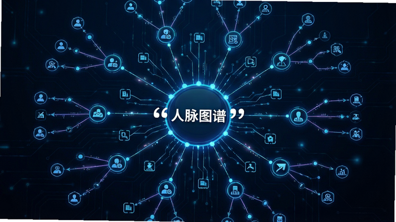 主体为抽象的人脉网络图,中心节点连接多个分支节点,布局呈放射状,风格科技感,细节包含节点间的连线与图标,画质清晰,干净,无多余元素,文字“人脉图谱”加引号