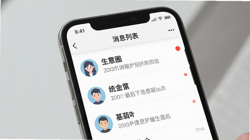 主体为手机界面,显示“生意圈”APP的消息列表页,布局为列表形式,每条消息包含头像、名称与最后一条消息预览,风格简洁,细节包含未读红点标识,画质高清,干净,无多余元素,文字“消息列表”加引号
