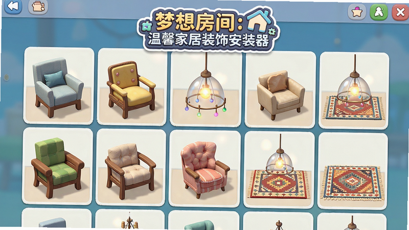 游戏内的家具商店界面,网格状排列着各种精致的椅子、吊灯和地毯,画面色彩丰富且协调,突出“梦想房间:温馨家居装饰安装器”的品牌Logo,界面排版整齐,高清渲染,无杂乱元素