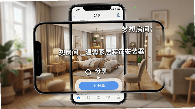 手机屏幕显示游戏内的分享界面,生成了一张精美的房间设计海报,海报上有“梦想房间:温馨家居装饰安装器”的水印,背景是模糊的家居场景,突出分享按钮的交互设计,现代UI风格,高清