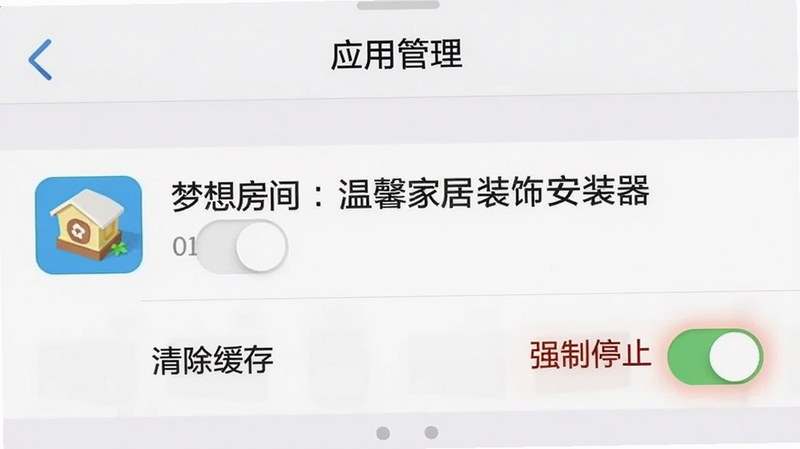 手机设置界面截图,显示“应用管理”中的“梦想房间:温馨家居装饰安装器”选项,下方有“清除缓存”和“强制停止”按钮,界面简洁,高亮显示存储权限开关,UI清晰,无杂乱图标