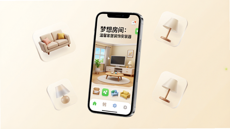 主体为一部悬浮在画面中央的智能手机,屏幕中展示着“梦想房间:温馨家居装饰安装器”的高清游戏界面,背景是柔和的米白色渐变,周围漂浮着几个半透明的家具图标如沙发和台灯,整体风格清新简约,光影柔和,细节丰富,4k高清,干净无杂物