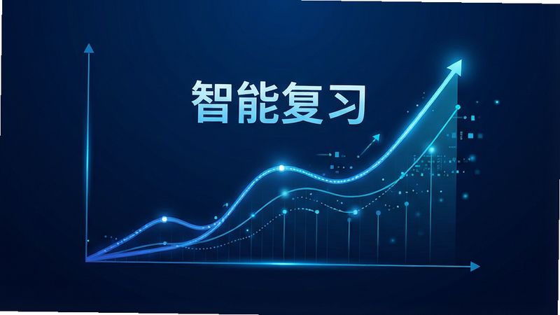 主体为抽象的记忆曲线图表,背景为深蓝色,线条呈上升趋势,标注“智能复习”字样,风格科技感,布局居中,细节清晰,高清,干净,无多余元素
