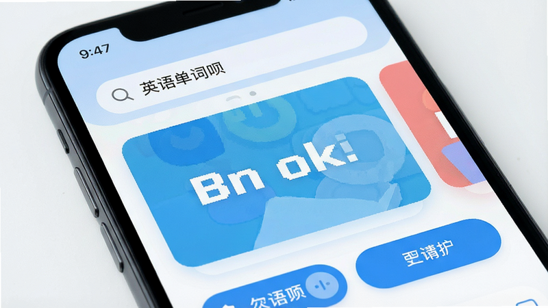 主体为手机屏幕特写,显示“英语单词呗”APP界面,布局清晰,顶部有搜索栏,中间是大号单词卡片,底部有按钮,风格清新简约,细节丰富,高清,干净,无多余元素