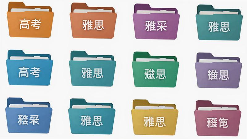 主体为文件夹图标集合,不同颜色代表不同词库,如“高考”、“雅思”,布局网格状,风格商务简约,细节清晰,高清,干净,无多余元素