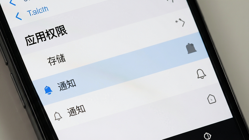 主体为手机设置界面,显示“应用权限”列表,高亮“存储”和“通知”选项,布局列表状,风格系统原生,细节清晰,高清,干净,无多余元素