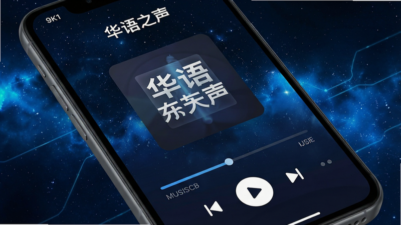 高清智能手机屏幕特写,显示“华语之声”App界面,背景为深蓝色星空,界面中央是正在播放的音乐专辑封面,下方有清晰的播放进度条和控制按钮,整体风格现代简约,科技感强,4K分辨率,无多余装饰元素,干净清爽
