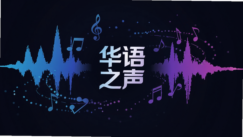 声波可视化图形,蓝色与紫色渐变的波形在深色背景中跳动,中心显示“华语之声”Logo,周围环绕着音符粒子,体现高保真音频效果,扁平化设计风格,高清,无文字干扰,视觉冲击力强