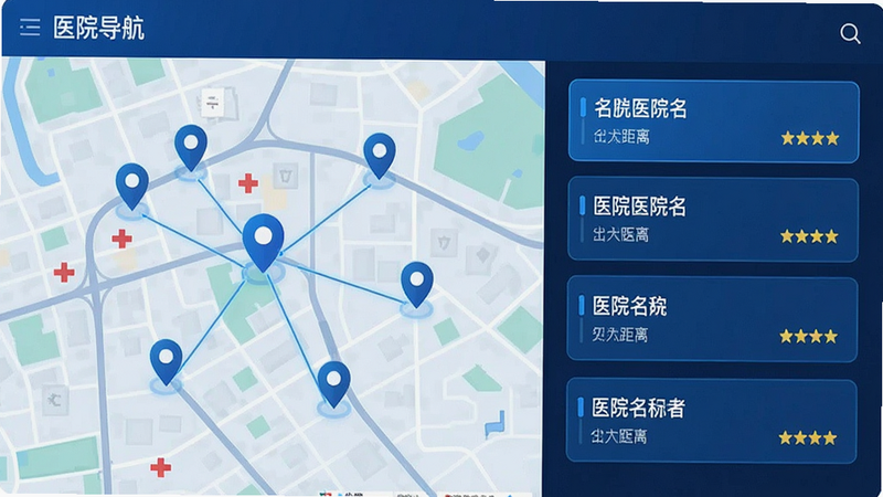 主体为地图与列表结合的医院搜索界面,布局左侧为地图标记点,右侧为医院列表卡片,包含医院名称、距离和评分,风格为科技蓝调,细节体现定位图标与连接线,画质清晰,干净,无多余元素,文字包含