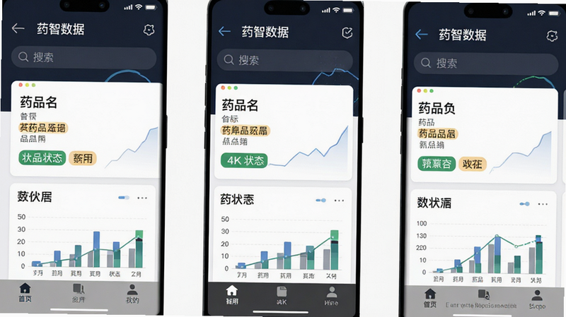 主体为药智数据安卓应用的高清界面截图,布局采用典型的移动端上下结构,顶部为深色导航栏包含搜索框,中部为数据卡片式布局展示药品名称与状态标签,底部为标签栏,风格为现代扁平化商务风,细节处体现数据图表的直观性,画质4k高清,干净无多余元素,文字包含