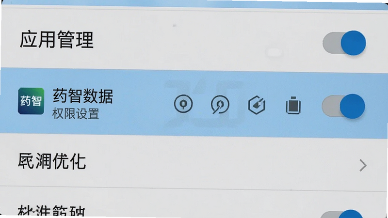 主体为手机设置界面的截图,聚焦于“应用管理”或“电池优化”选项,布局为典型的Android设置列表,高亮显示“药智数据”条目,风格为系统原生UI,细节体现开关按钮与权限图标,画质清晰,干净,无多余元素,文字包含