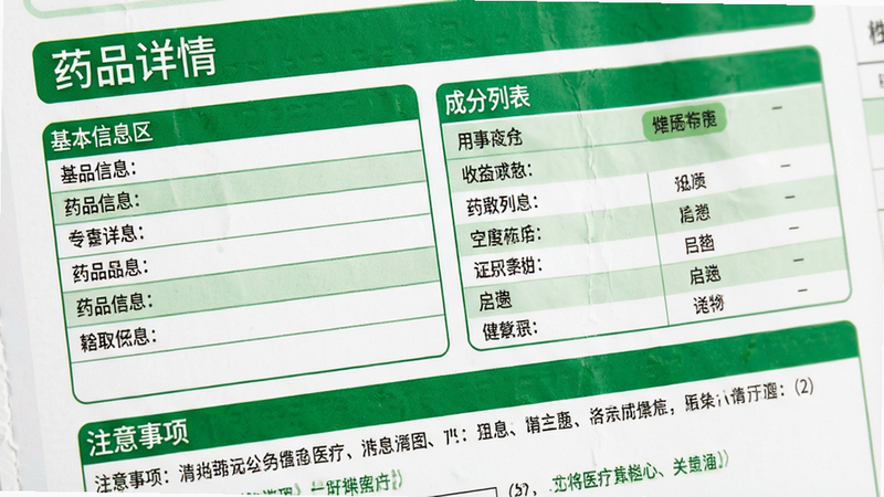 主体为药品详细信息页面的特写,布局清晰分为基本信息区、成分列表区和注意事项区,排版工整,使用绿色和白色作为主色调象征医疗健康,细节展示表格线条与关键字高亮,风格简洁专业,画质高清,干净,文字包含