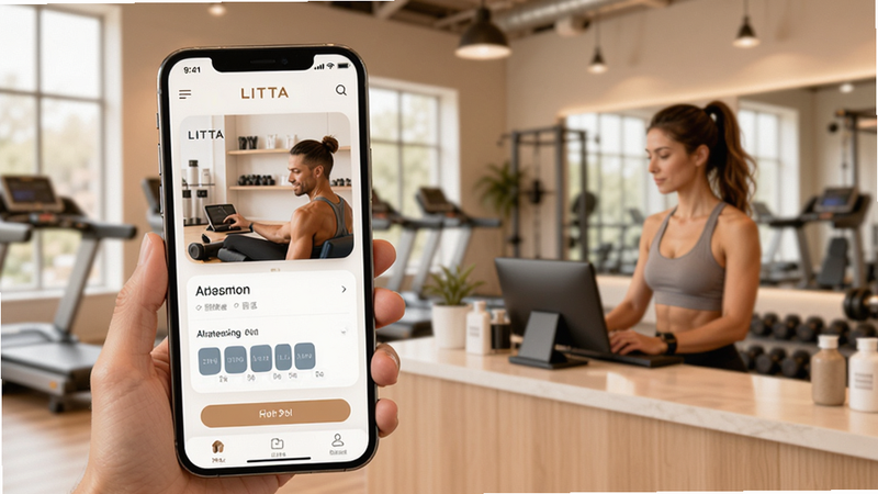 ����ΪLITTA�̼Ҷ���С�ͽ��������ҳ����µ�Ӧ��ʾ��ͼ������Ϊ�ֻ���Ļ��д�뱳���黯�Ľ������������Ű�۽��ֻ����棬�����ܰרҵ��ϸ��չʾ��������ʹ���ֻ�ԤԼ�γ̡�ǰ̨չʾ��Ա��Ϣ��������ͣ����������������ұ���������'LITTA'Logo�ɼ�