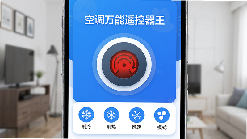 主体为“空调万能遥控器王”APP的界面展示,布局采用居中卡片式设计,顶部显示“空调万能遥控器王”标题,中间为巨大的圆形红外发射按钮,下方排列“制冷”、“制热”、“风速”、“模式”四个功能图标,风格为现代扁平化UI,色彩以科技蓝和白色为主,细节处有轻微的光影效果,画质高清,干净无多余元素