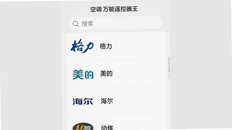 展示“空调万能遥控器王”APP内的品牌选择列表,布局为垂直滚动列表,顶部有搜索框,列表中显示“格力”、“美的”、“海尔”等品牌Logo及名称,风格为简洁列表式UI,背景为浅灰色,文字清晰可读,画质清晰,无冗余装饰