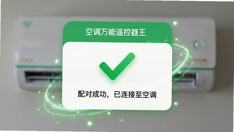 “空调万能遥控器王”APP的配对成功界面,布局为中心弹窗,显示大大的绿色对勾图标,下方文字为“配对成功,已连接至空调”,背景模糊处理显示空调室内机,风格为成功反馈UI,色彩以绿色和白色为主,细节处有动态光效暗示,画质高,无多余元素