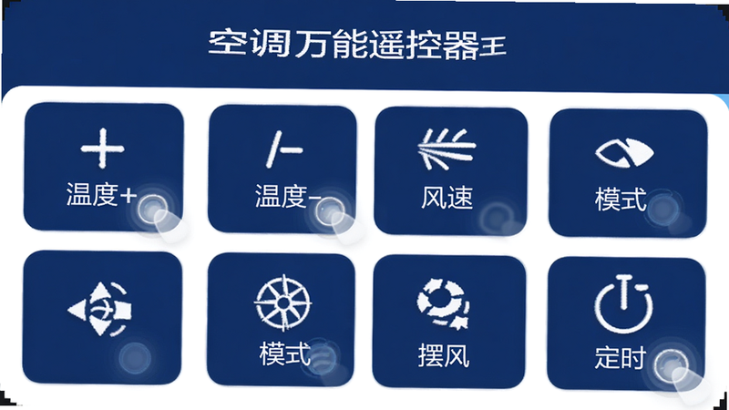 “空调万能遥控器王”APP的详细控制面板,布局为网格状图标,包含“温度+”、“温度-”、“风速”、“模式”、“摆风”、“定时”等按钮,风格为模块化UI,色彩为深蓝色背景搭配白色图标,细节处有触摸反馈效果,画质清晰,无杂乱元素