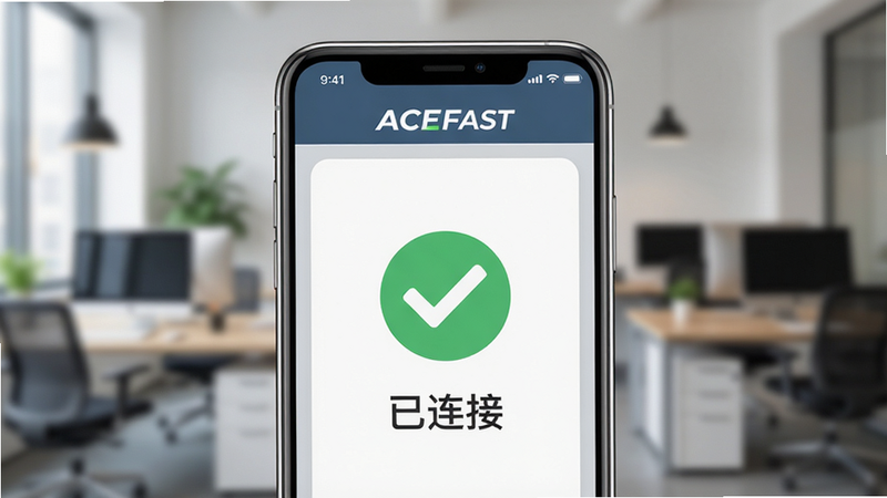 չʾ�ֻ���Ļ����ĸ���ͼ����Ļ����ʾACEFAST ����APP�����ӳɹ����棬ͼ��Ϊ��ɫ�ĶԹ��������黯��ʾ�칫����������ͻ��APP���棬������ʾ�������ӡ�������ƽ����ϸ�����������ʸ��壬�޶���װ��
