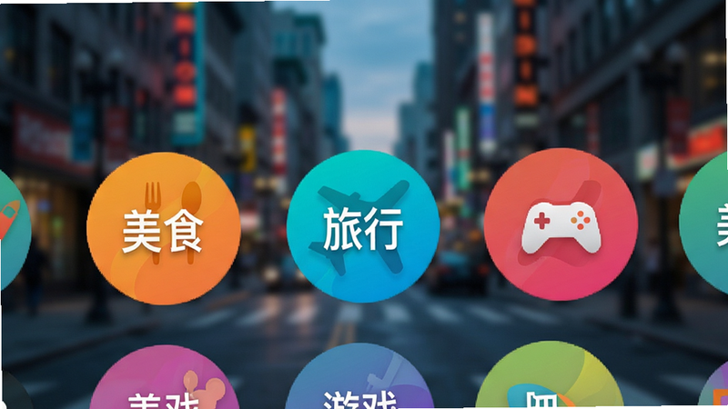 应用内的标签选择页面,展示多个圆形标签按钮,如“美食”、“旅行”、“游戏”,背景为模糊的城市街景,突出前景的UI设计,风格时尚,色彩鲜艳,画质清晰,无杂乱背景