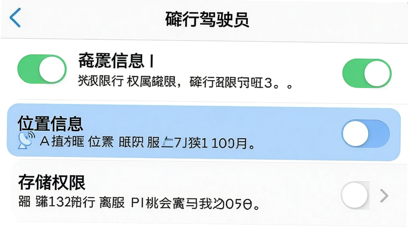 主体为“砼行驾驶员”APP的权限设置界面截图,布局为列表式,背景为系统默认白色,排版清晰,高亮显示“位置信息”和“存储权限”选项,风格为系统原生UI,细节包含开关按钮、权限说明文字,文字“砼行驾驶员”位于顶部标题栏,画质清晰,干净,无多余元素