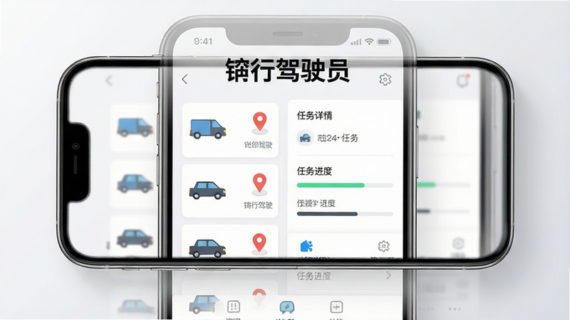 主体为“砼行驾驶员”APP的手机界面展示图,布局采用居中对称式,背景为干净的浅灰色渐变,排版清晰,左侧显示车辆列表,右侧显示任务详情,风格为现代扁平化UI设计,细节包含车辆图标、定位标记、任务进度条,文字“砼行驾驶员”加粗显示在顶部,画质高清,干净,无多余元素