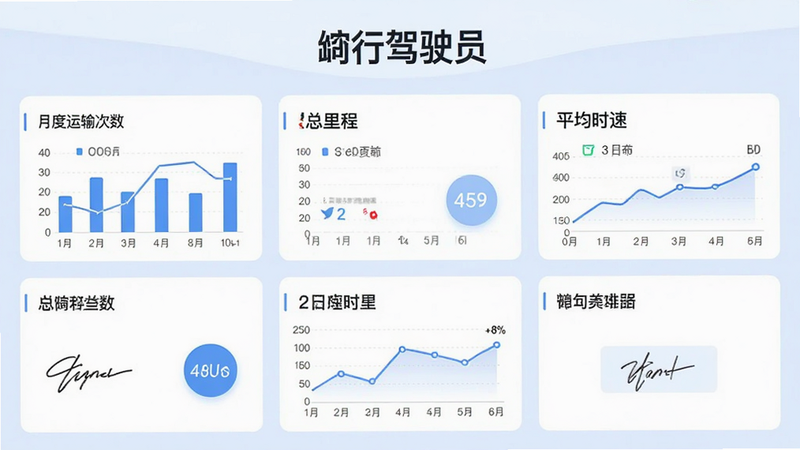 主体为“砼行驾驶员”APP的数据统计与回单查询界面,布局为卡片式网格,背景为淡蓝色,排版规整,展示月度运输次数、总里程、平均时速等关键指标,风格为商务简约,细节包含柱状图、折线图、电子签名图标,文字“砼行驾驶员”居中显示,画质细腻,干净,无多余元素