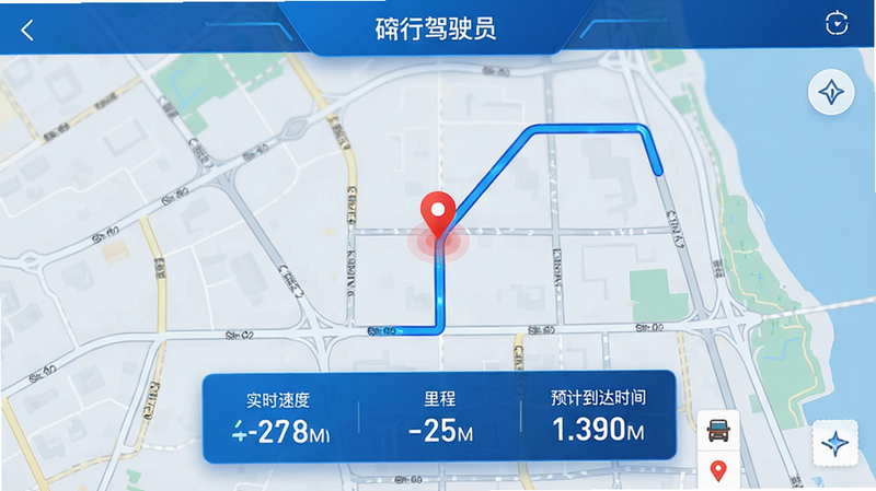 主体为“砼行驾驶员”APP的地图追踪界面,布局为全屏地图加底部悬浮卡片,背景为地图纹理,排版现代,底部卡片显示实时速度、里程、预计到达时间,风格为科技蓝调,细节包含红色定位点、蓝色行驶轨迹线,文字“砼行驾驶员”位于顶部导航栏,画质高保真,干净,无多余元素