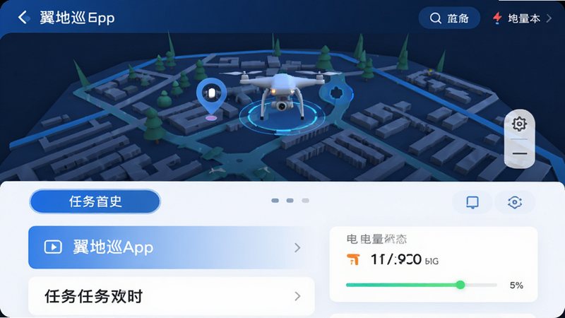 主体为翼地巡App首页界面展示,布局采用上下分屏结构,上方显示三维地图与无人机实时位置图标,下方列出任务列表与电量状态,排版简洁现代,风格为科技感蓝白配色,细节包含清晰的UI按钮与数据卡片,画质高清,干净,无多余元素
