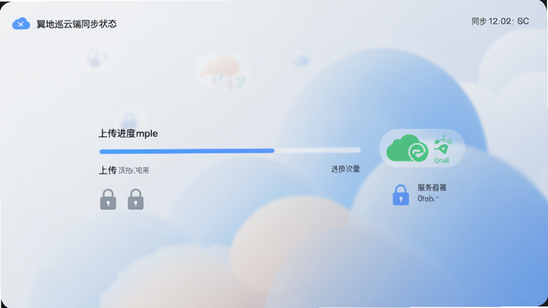 主体为翼地巡云端同步状态界面,布局显示上传进度条与服务器连接状态图标,背景为柔和的云状抽象图形,排版中心突出,风格为简约商务风,细节包含安全锁图标与同步时间戳,画质清晰,干净,无多余元素
