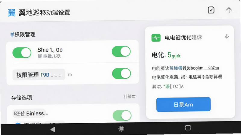 主体为翼地巡移动端设置界面,布局展示权限管理列表与存储选项,右侧为电池优化建议卡片,排版清晰分层,风格为iOS/Android通用UI,细节包含开关按钮与状态图标,画质高清,干净,无多余元素